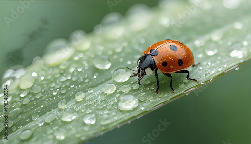 Close up of a red ladybug on a green leaf in a summer garden nature scene