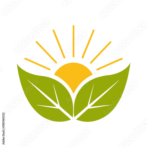 Minimalist green leaf icon with bright yellow sun rays above representing eco friendly solutions