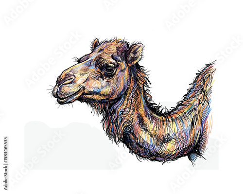 Camel head portrait in three-quarter view with elongated muzzle and curved neck base forming distinctive desert-adapted silhouette