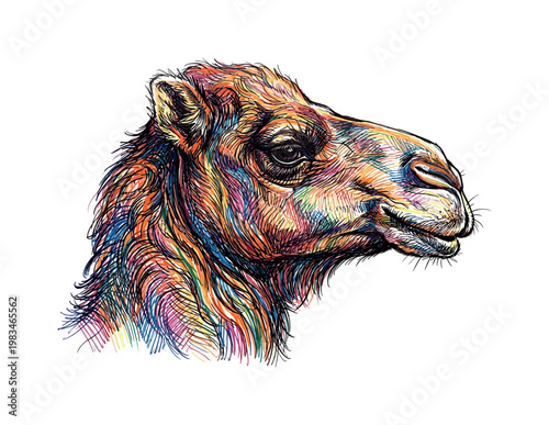 Camel head profile facing right with long muzzle and gentle eye emphasized through directional pen strokes and layered fur texture