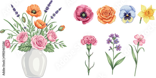 Elegant Summer Flower Bouquet in White Ceramic Vase and Individual Floral Element Set for Greeting Cards, Wedding Invitations, and Botanical Graphic Designs