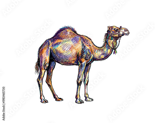 Full body camel standing in side profile with long legs and single hump forming distinctive desert-adapted silhouette in detailed