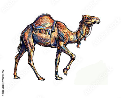 Walking camel in three-quarter view with one leg lifted and gentle body motion emphasized through long limb proportions and hump