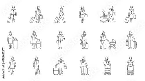 Top-Down View Airport Passenger Activities Architectural Blueprint Human Flow Outline Vector Icon Set – Clean Thin Line Style Isolated on White Background