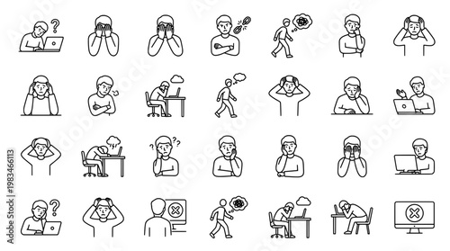 Set of emotive illustrations depicting stress and mental strain