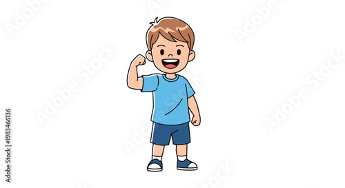 A cheerful young boy with brown hair stands confidently while flexing his right bicep and smiling broadly against a pristine and simple white background.