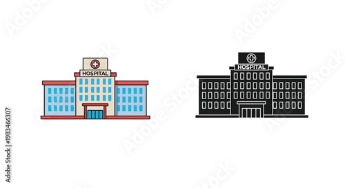Four hospital building icons in varying styles including a colored version