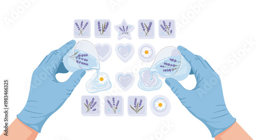 Hands wearing blue protective gloves carefully pour clear resin from beakers into various molds containing delicate dried lavender and daisy flower petals.