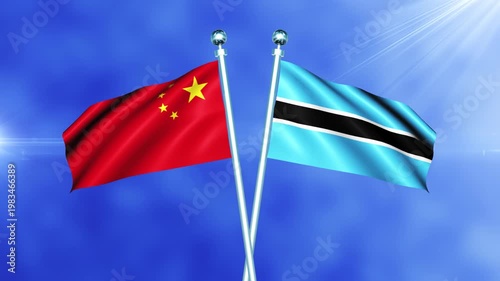 China and Botswana Flag Waving On Pole Loop