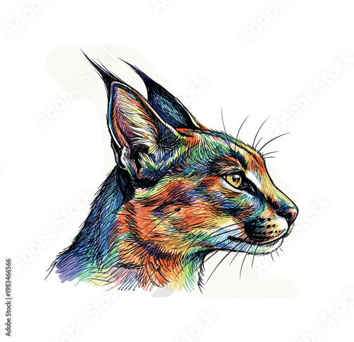 Caracal head profile facing right with slender muzzle and elongated ear tufts emphasized through directional pen strokes and