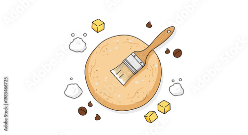 A wooden pastry brush applies a light glaze to a circular piece of dough surrounded by sugar cubes and chocolate chips on a pristine white flat surface.