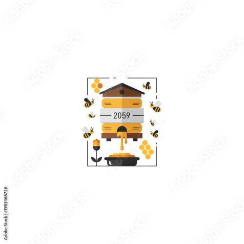 Graphic illustration of honeybees working at a beehive for honey production