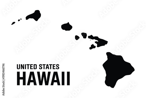 A black silhouette of the hawaiian islands with state name text