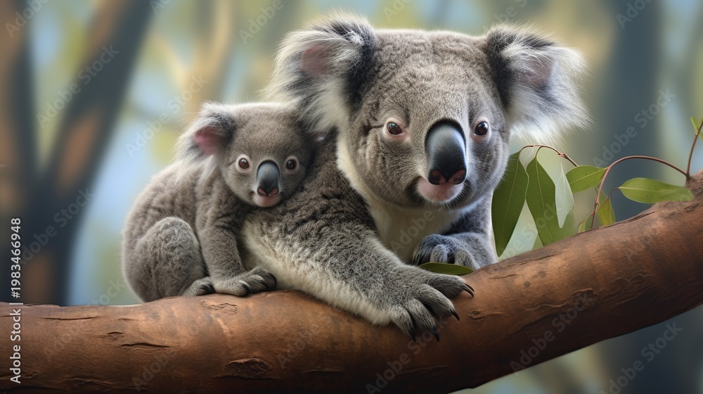 Obraz premium Adorable mother koala and joey cuddling together on a eucalyptus branch in a leafy forest