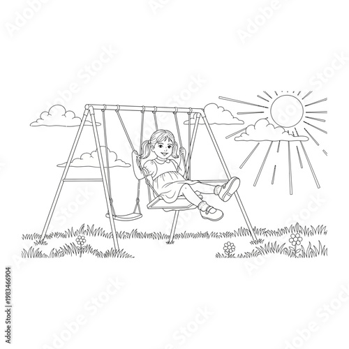 Coloring page illustration of a child playing on a backyard swing set