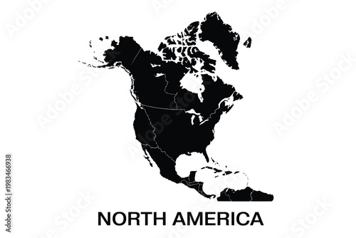 A stark black silhouette of north america with labeled continent name