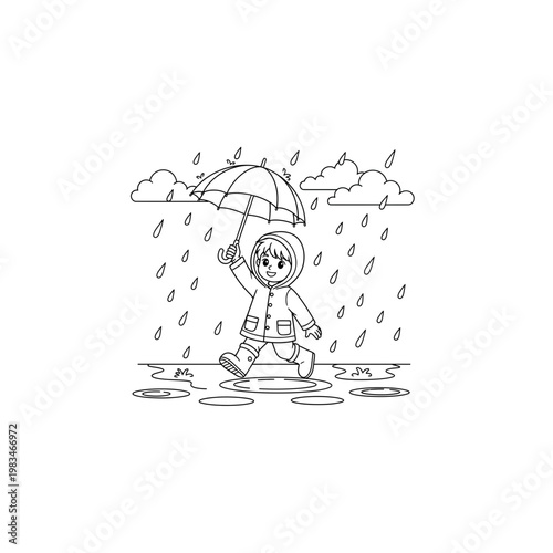 Foto Little child playing in rain with umbrella and raincoat outline drawing