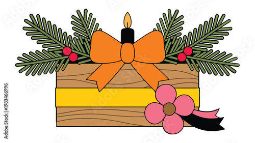 Festive Gift: A charming illustration of a decorated gift box, perfect for holiday celebrations, featuring a vibrant ribbon, glowing candle and cheerful greenery.