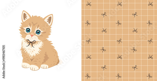 Cute fluffy ginger kitten with big blue eyes in flat vector style. Adorable cartoon pet illustration isolated on light background. Perfect for kids design, nursery decor, stickers, greeting cards, bra