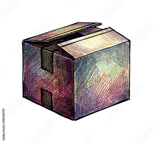 Cardboard shipping box with taped seams and folded flaps forming standard e-commerce delivery package in expressive vibrant