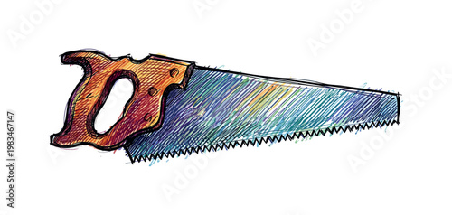 Carpenter hand saw with serrated blade and ergonomic handle forming classic cutting tool silhouette with clear tooth detail in