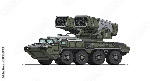 This sophisticated olive green military armored vehicle equipped with a powerful dual rocket launcher system stands ready against a stark white background.