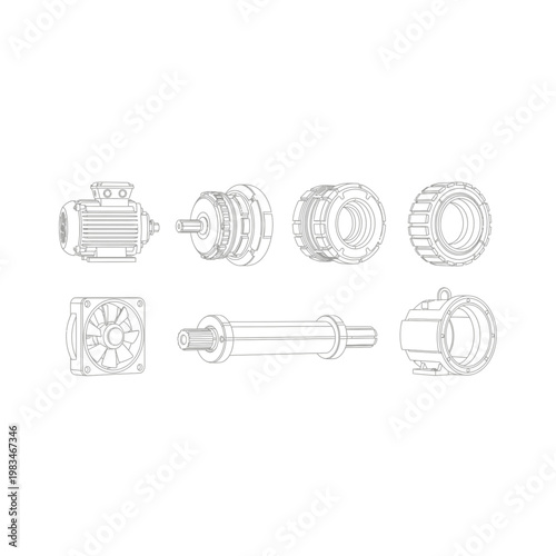 Industrial mechanical parts and components technical illustration set