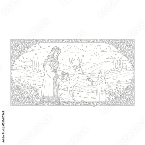 Woman with deer in nature sketch line art