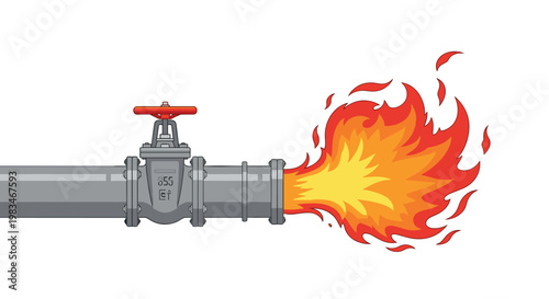 Intense orange flames erupt horizontally from the open end of a grey industrial pipeline featuring a distinct red manual control handwheel valve assembly.