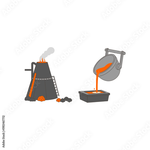 Industrial metal smelting furnace and pouring molten metal illustration