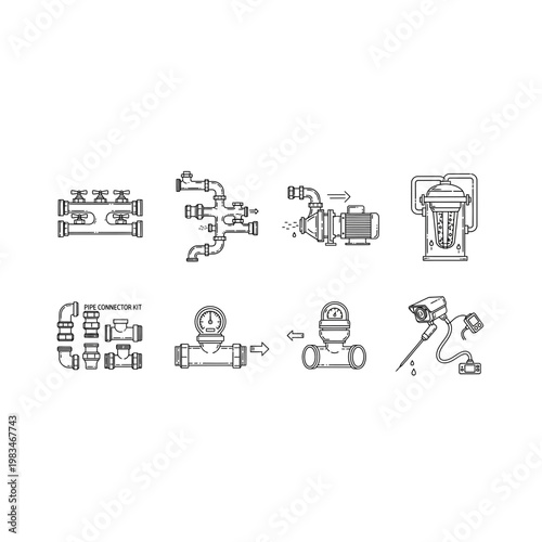 Technical engineering icons set of industrial pumps and pipe components