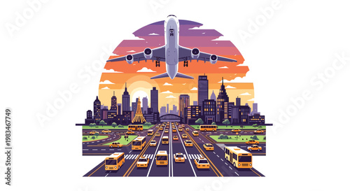 A majestic white passenger airplane takes off into a vibrant orange and purple sunset sky above a bustling metropolitan city street scene filled with cars.