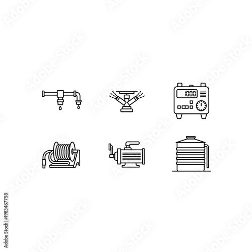 Set of industrial irrigation and pump system icons