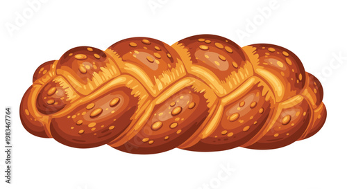 This delicious golden brown braided challah bread features a perfectly baked glossy crust and sits isolated against a pristine white background surface.