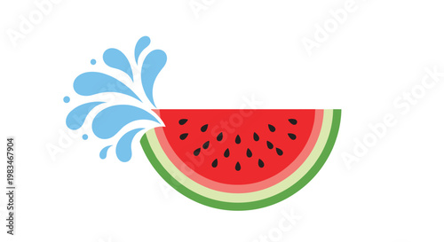 A refreshing red watermelon slice with black seeds and a vibrant green rind is accompanied by a dynamic blue water splash effect on a white background.
