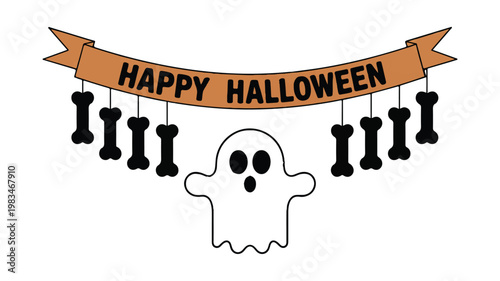 Halloween Cheer: A festive banner proclaims Happy Halloween, adorned with playful ghost and bone accents, capturing the spirit of spooky celebration.