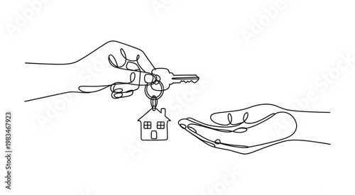 Hands exchanging keys with house symbol representing property transfer, real estate transaction and home ownership for business and housing services.