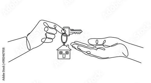 Hands exchanging keys with house symbol representing property transfer, real estate transaction and home ownership for business and housing services.