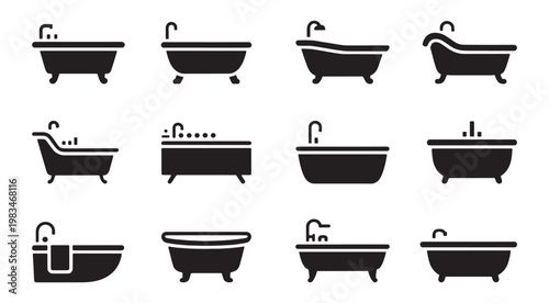 Bathtub vector icon set bathroom bath with bubbles and foam symbols in outline and solid style illustration collection