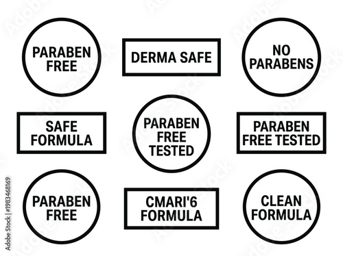 Product packaging emblems: minimal paraben free, derma safe, and clean formula badge set on white