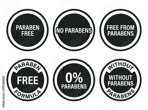 Paraben free vector emblem set, six minimal circular certification seals for cosmetic product packaging design