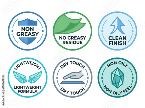 Circular product packaging emblem set: non-greasy, clean finish, and dry touch certification seals