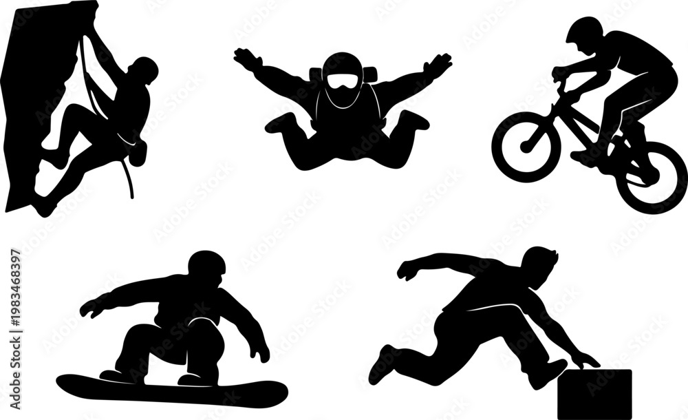 Naklejka premium Extreme Sports and Adventure Black Silhouette Set — Rock Climbing, Skydiving, BMX Cycling, Snowboarding, Parkour Vector Collection