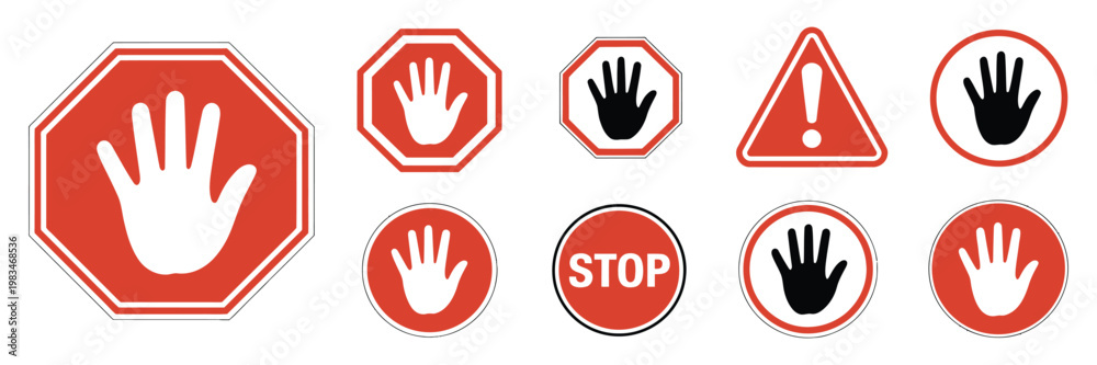 Obraz premium Alert Warning Stop Sign Icons Hand Symbol Traffic Safety Danger Prohibition Vector Illustration Set Isolated Background