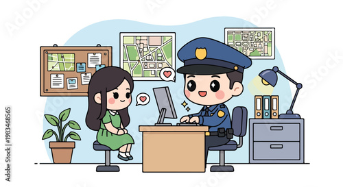 Cute cartoon illustration of a friendly police officer talking to a woman in an office setting with plants and office