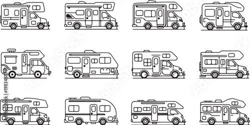 rv line drawings set of recreational vehicles grid