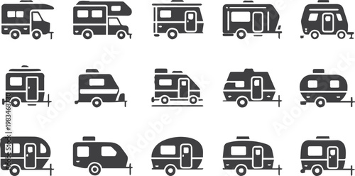 rv popup teardrop travel trailer silhouette icon set