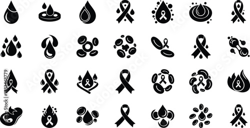 Black awareness ribbon and blood drop icon set for medical health campaigns and donation awareness