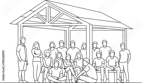 Diverse group of men and women gathered under a simple open shelter representing community, unity, and a sense of belonging illustration.