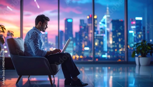 Man Working on Laptop in Modern Office with City Skyline View at Dusk.